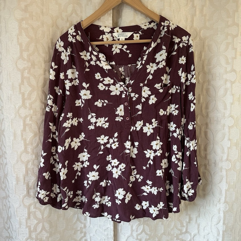 Market & Spruce V-neck Button Down Top Woman's Size XL Maroon Flower Print